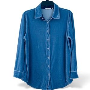 Soft Surroundings PM Blue Stretch Velvet Boyfriend Tunic Button Down Shirt